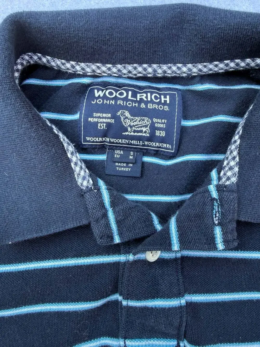 Woolrich John Rich & Bros Polo Shirt Size S Navy Striped
